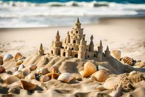 ai genererad en sand slott är visad på de strand med skal foto