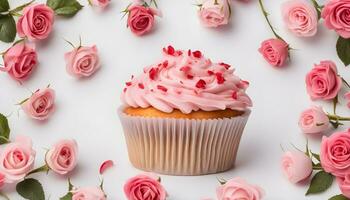 ai genererad muffin med rosa glasyr omgiven förbi rosa ro foto