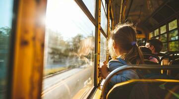 ai genererad skola buss bärande barn till hög skola foto