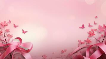 rosa band med fjäril och blomma dekoration. design för internationell kvinnors dag, bröst cancer medvetenhet, mors dag, hjärtans dag. begrepp design för annons, social media. generativ ai foto
