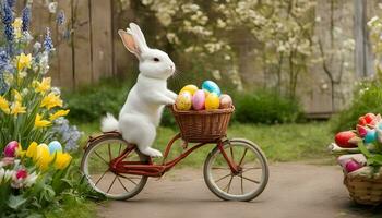 ai genererad en vit kanin på en cykel med en korg full av påsk ägg foto
