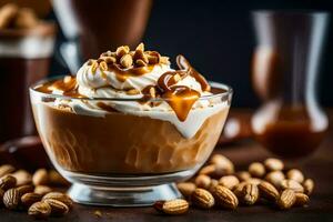 ai genererad choklad kola pudding i en glas med nötter foto