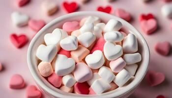 ai genererad en skål fylld med marshmallows på en rosa bakgrund foto