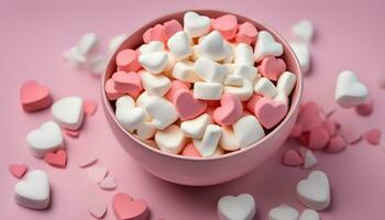 ai genererad en skål fylld med rosa och vit marshmallows foto