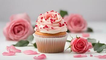 ai genererad en muffin med rosa glasyr och ro foto