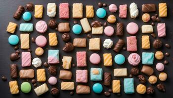 ai genererad blandad sötsaker på en svart bakgrund foto