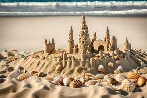 ai genererad en slott tillverkad ut av sand och skal på de strand foto