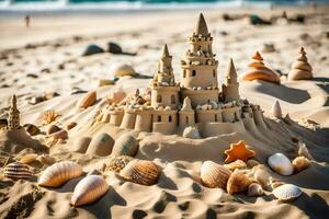 ai genererad en sand slott med skal och snäckskal på de strand foto