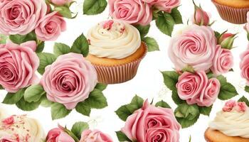 ai genererad muffins med rosa ro på en vit bakgrund foto