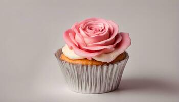 ai genererad en muffin med en rosa reste sig på topp foto
