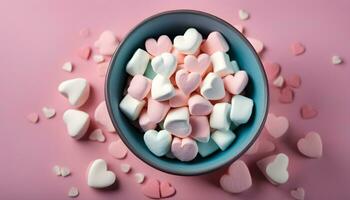 ai genererad en skål av marshmallows på en rosa bakgrund foto