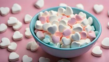 ai genererad en skål av marshmallows på en rosa bakgrund foto