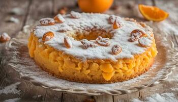 ai genererad orange kaka med pulveriserad socker och mandlar på en tallrik foto