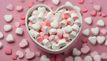 ai genererad en skål av marshmallows i en hjärta form foto