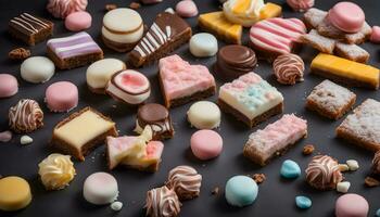 ai genererad sortiment av sötsaker på svart bakgrund foto