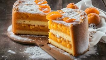 ai genererad en skiva av kaka med orange glasyr och apelsiner foto