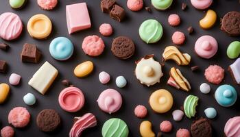 ai genererad färgrik sötsaker på en svart bakgrund foto
