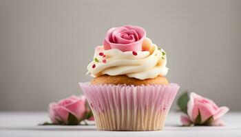 ai genererad muffin med rosa glasyr och ro på vit bakgrund foto