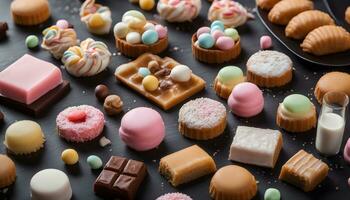 ai genererad sortiment av sötsaker på en svart bakgrund foto