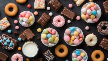 ai genererad olika typer av sötsaker och godis på en svart bakgrund foto