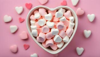 ai genererad en hjärta formad skål fylld med marshmallows på en rosa bakgrund foto