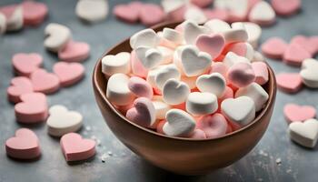 ai genererad en skål fylld med marshmallows och hjärtan foto