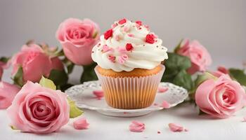ai genererad en muffin med glasyr och rosa ro foto