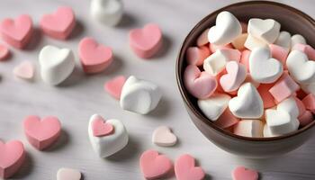 ai genererad en skål fylld med marshmallows och hjärtan foto