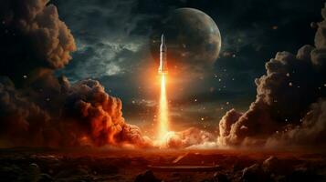 ai genererad ett interplanetär raket är sparken in i de natt himmel foto