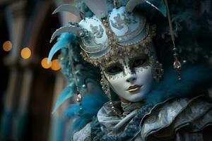 ai genererad elegant Venedig karneval kostym i ikoniska miljö foto