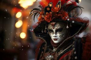 ai genererad elegant person i vibrerande karneval kostym och mask på Venedig festival foto
