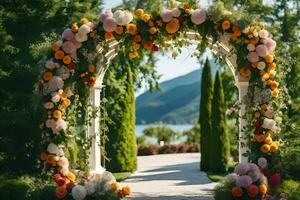 ai genererad en bröllop båge dekorerad med blommor foto