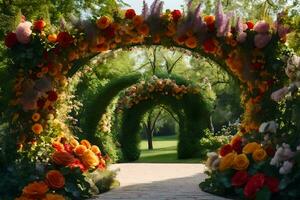 ai genererad en gångväg med blommor och archway foto