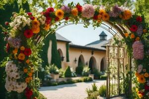 ai genererad en färgrik archway med blommor i främre av en hus foto