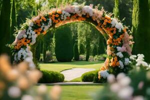 ai genererad en blomma archway i en trädgård foto