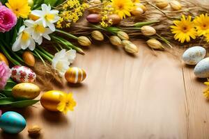 ai genererad påsk ägg och blommor på en trä- tabell foto