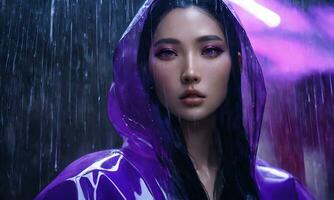 ai genererad skön asiatisk kvinna i lila regnkappa gående i de stad. ai generativ foto