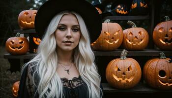 ai genererad skön ung kvinna i svart klänning och hatt på de bakgrund av halloween pumpor. ai generativ foto