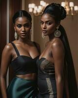 ai genererad skön afrikansk amerikan kvinnor i kväll klänningar Framställ i studio. ai generativ foto