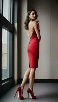 ai genererad ung skön brunett kvinna i röd klänning Framställ mot grå vägg. ai generativ foto