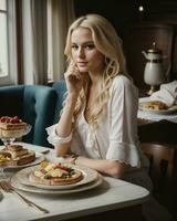 ai genererad skön blond flicka Sammanträde på de tabell med en massa av mat. ai generativ foto