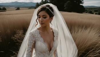 ai genererad skön brud i vit bröllop klänning Framställ. ai generativ foto
