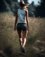 ai genererad atletisk ung kvinna löpning i en fält på solnedgång. ai generativ foto