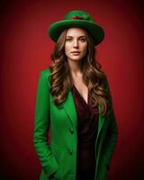 ai genererad porträtt av en skön ung kvinna i grön täcka och röd hatt. ai generativ. ai generativ foto
