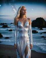 ai genererad skön blond kvinna i vit klänning på de strand på natt. ai generativ foto