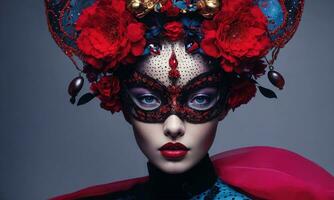 ai genererad mode skott av en skön kvinna i en karneval mask. ai generativ. ai generativ foto
