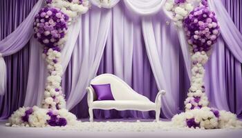 ai genererad lila bröllop skede med vit stol och lila gardiner foto