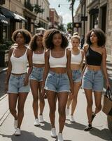 ai genererad grupp av ung skön afrikansk amerikan kvinnor i jeans shorts gående i de stad. ai generativ foto