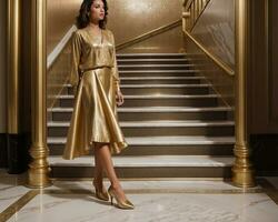 ai genererad kvinna ben i gyllene högklackade skor på de trappa. ai generativ foto