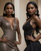 ai genererad skön afrikansk amerikan kvinnor i kväll klänningar Framställ i studio. ai generativ foto